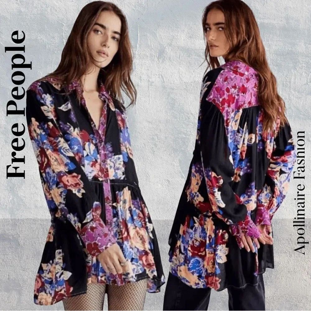 FREE PEOPLE FLORAL TUNIC BLACK COMBO SIZE SP NEW
